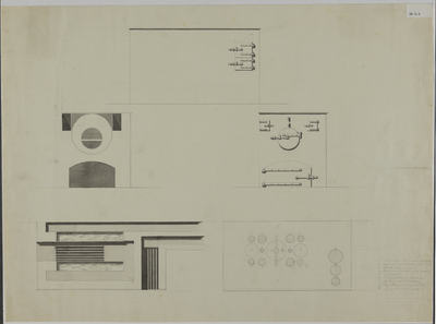 214985 Plattegrond, opstanden en doorsnede van een stookinstallatie voor de verwarming van het Apostelgasthuis aan de ...